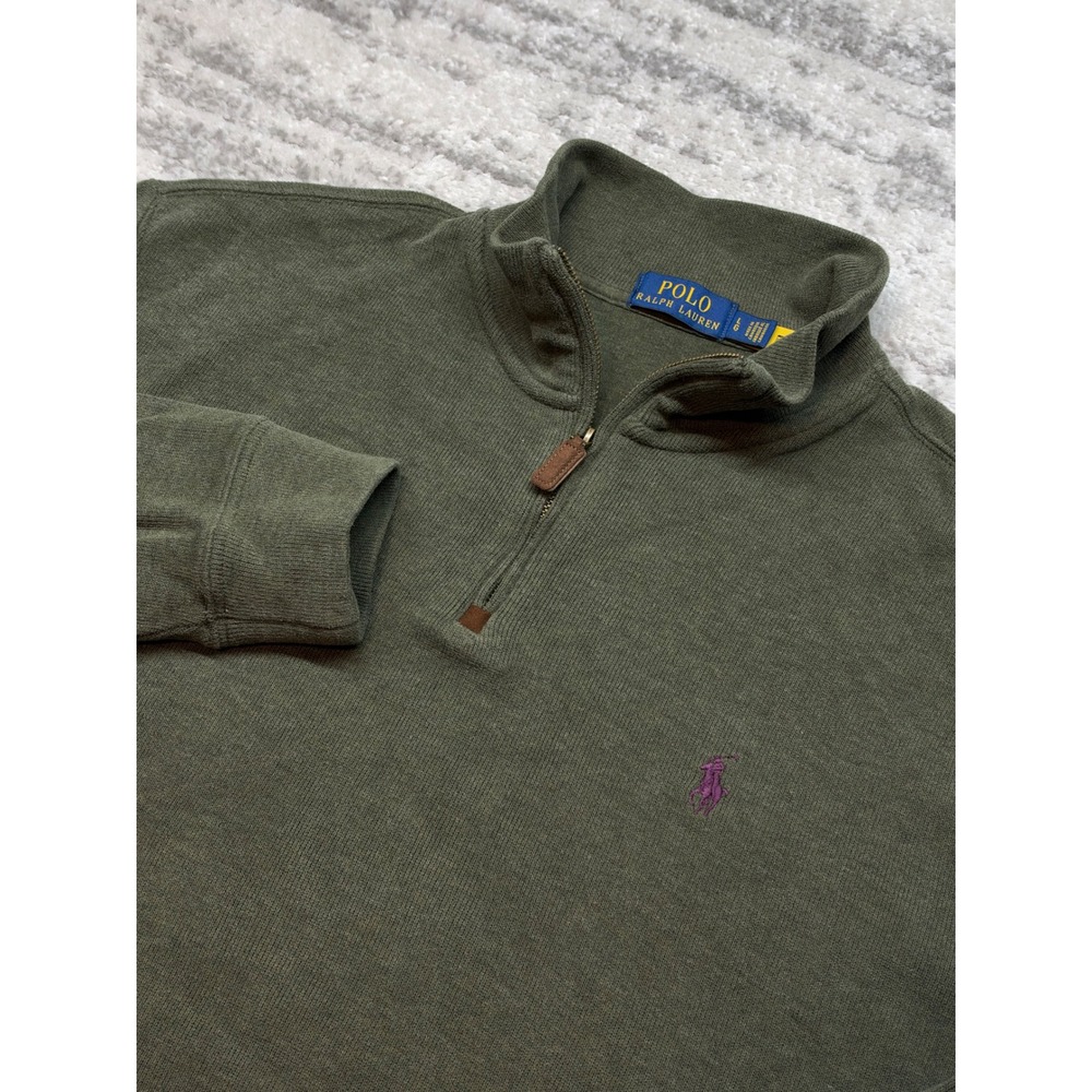 Polo Ralph Lauren Quarter Zip Mens Large Green Cotton Pullover Sweater